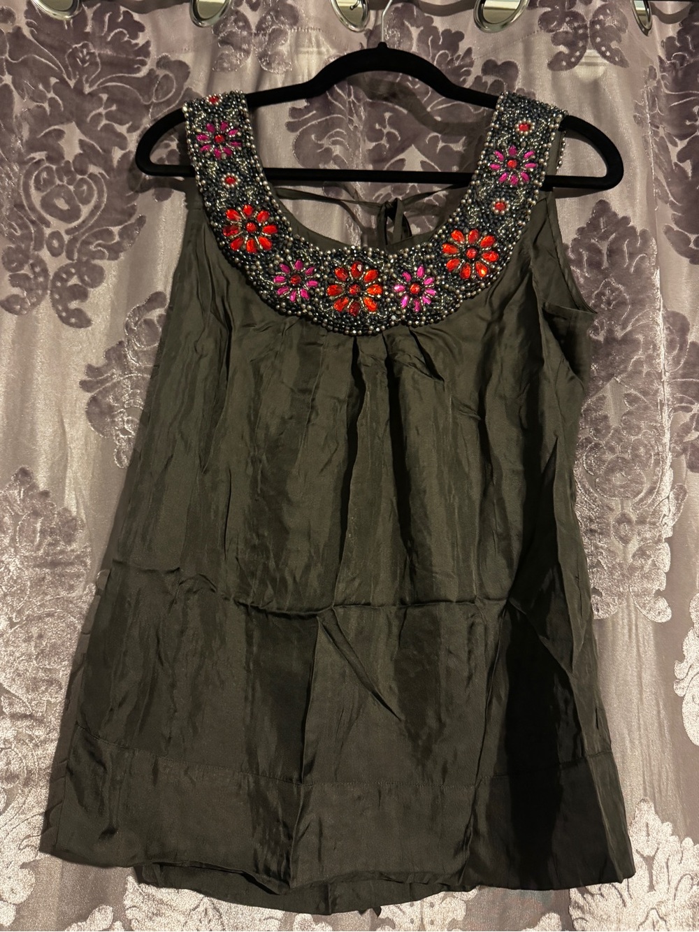 Yoana Baraschi Gray Beaded Floral-Trim Sleeveless Camisole 100% Silk Size M